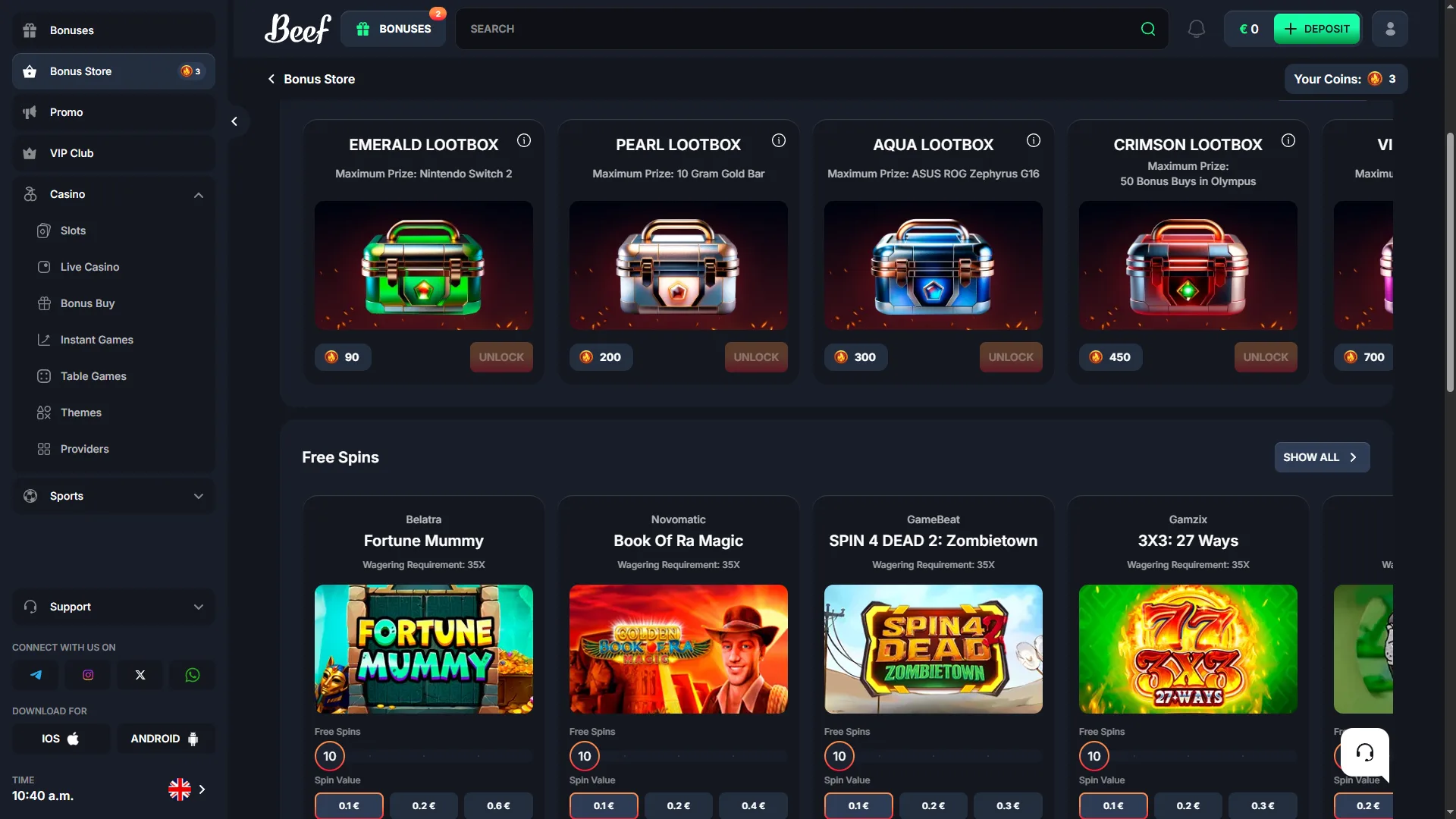 Beef Casino Bonus Store — Emerald, Pearl, Aqua ve Crimson lootbox'lar ile Belatra, Novomatic, GameBeat ve Gamzix sağlayıcılarından 35x çevrim şartlı free spin paketleri