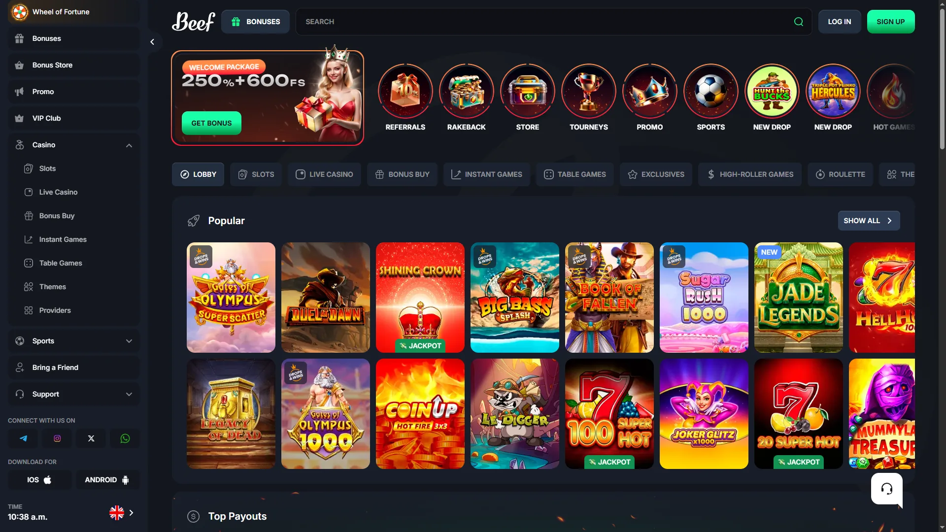 Beef Casino hesap paneli — popüler oyunlar lobisi, bonuslar bölümü ve sol menüde Casino, Sports, VIP Club sekmeleri