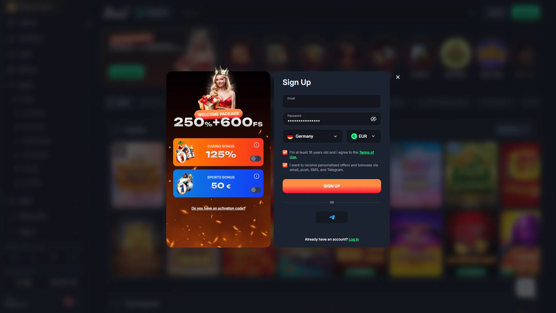 Beef Casino kayıt ekranı — bonus toggle açıkken %250 + 600 bedava dönüş paketi gösteriliyor