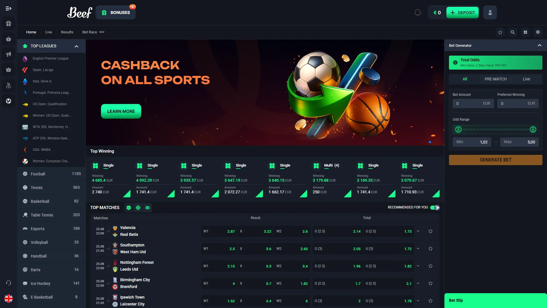 Beef Casino spor bahisleri ana sayfası — futbol, tenis, basketbol maçları, Bet Generator aracı ve tüm sporlarda cashback promosyonu