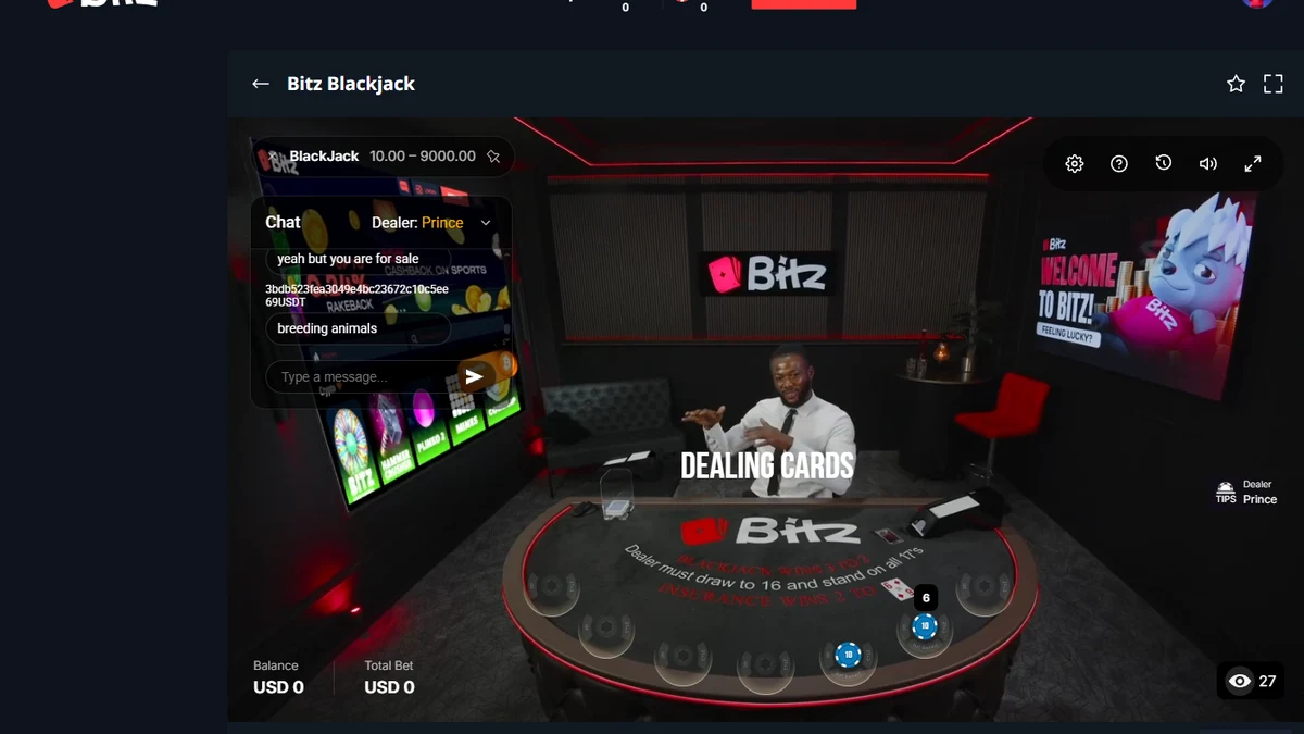 Bitz Blackjack — Bitz markalı canlı krupiyeli blackjack masası, bahis limitleri 10-9.000 USD