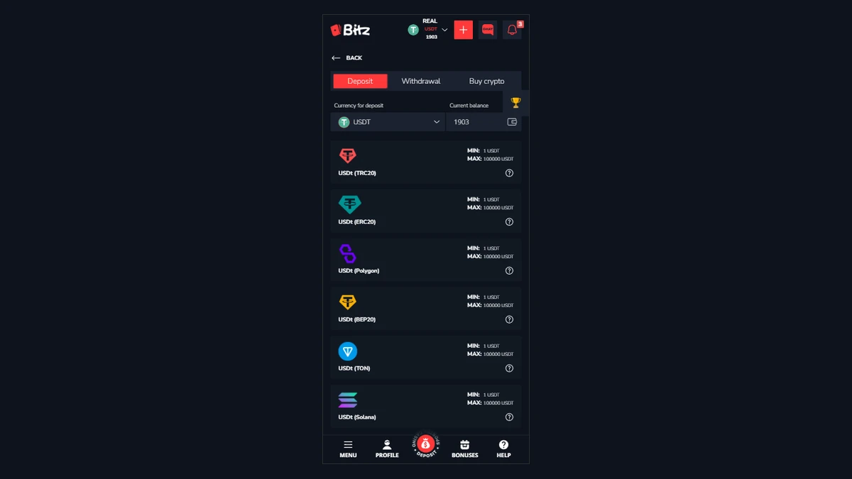 Bitz Casino para yatırma ekranı — TRC20, ERC20, Polygon, BEP20, TON ve Solana dahil altı ağ seçeneğinde USDT