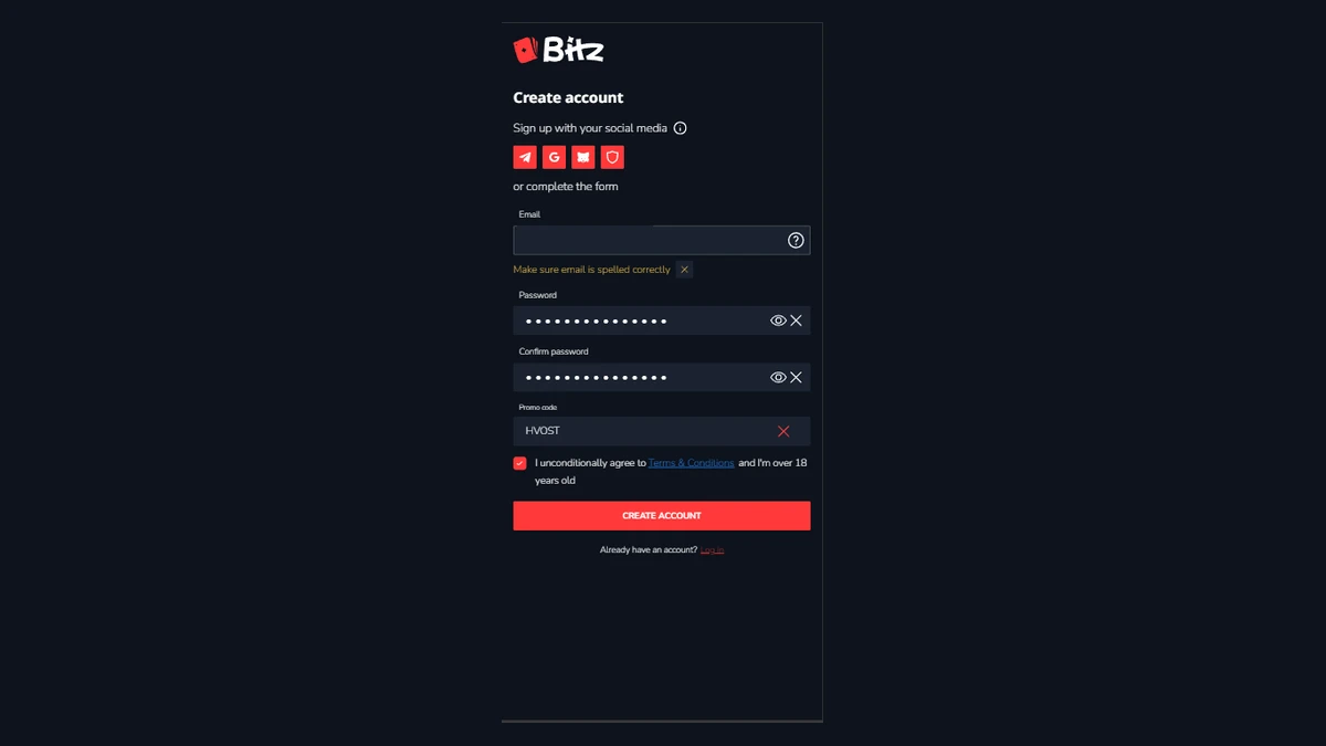 Bitz Casino kayıt formu — e-posta/şifre alanları, HVOST ile önceden doldurulmuş promosyon kodu alanı ve Telegram/Google sosyal giriş seçenekleri