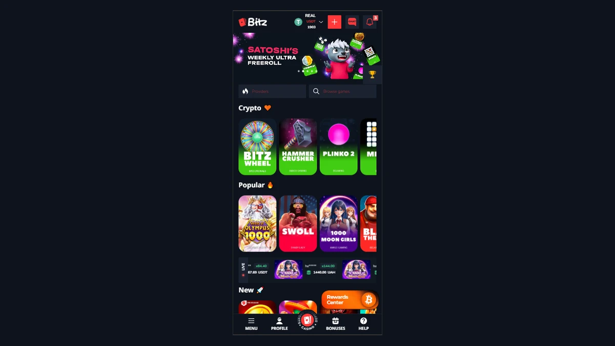 Bitz Casino lobisi — Bitz Wheel, Hammer Crusher ve Plinko 2 içeren Kripto oyunları satırı ile Gates of Olympus 1000 içeren Popüler satırı