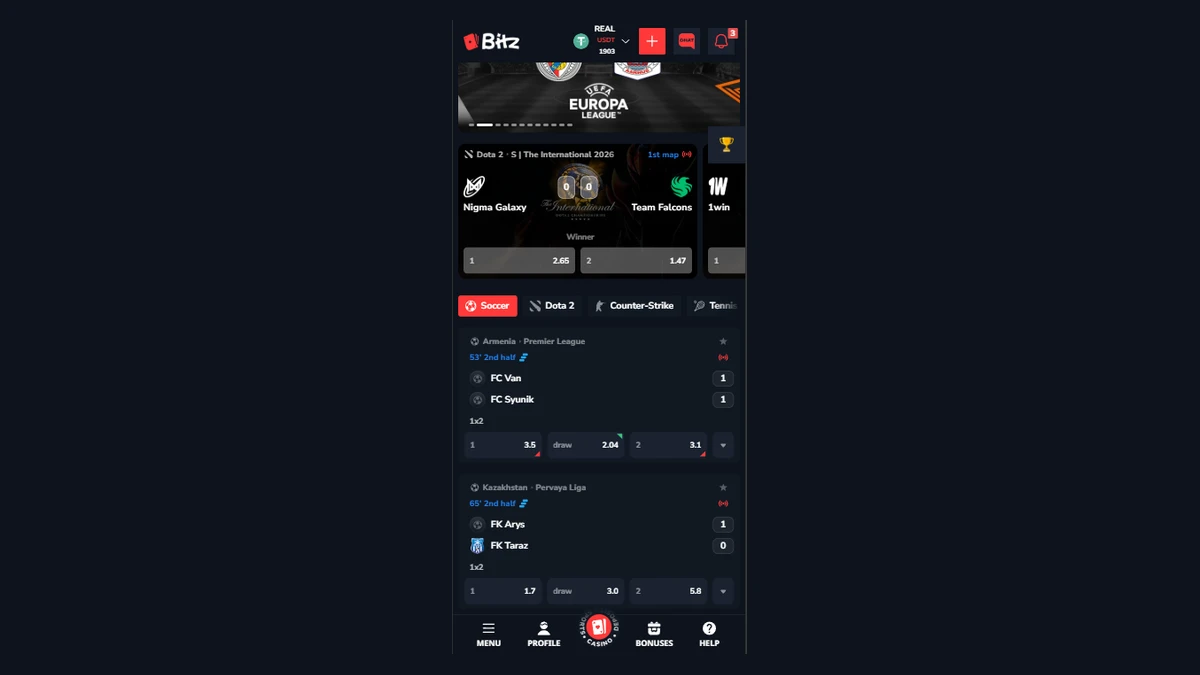 Bitz Casino spor bahisleri bölümü — Dota 2 eSpor karşılaşması ve canlı bahis seçenekli futbol maçları