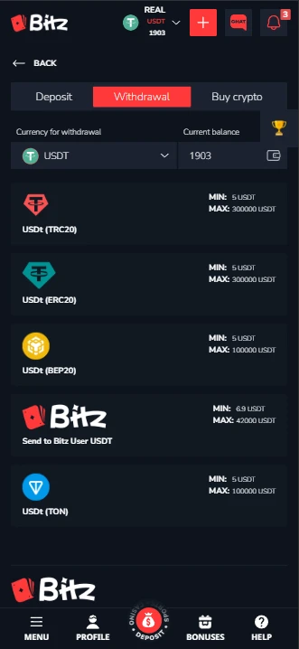 Bitz Casino mobil çekim ekranı — TRC20, ERC20, BEP20, TON ve Bitz-to-Bitz transfer içeren ağ seçenekleri