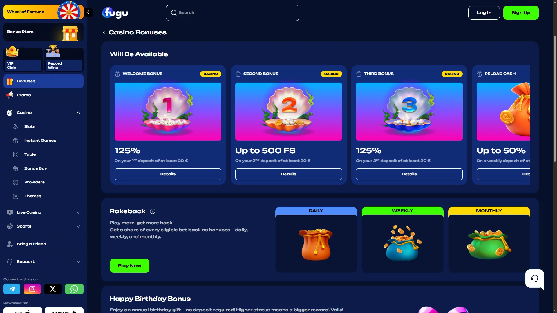 Fugu Casino Bonuses sayfası — 1. yatırımda %125, 2. yatırımda 500 FS'ye kadar, 3. yatırımda %125, haftalık %50'ye kadar Reload Cash ve günlük/haftalık/aylık Rakeback teklifleri