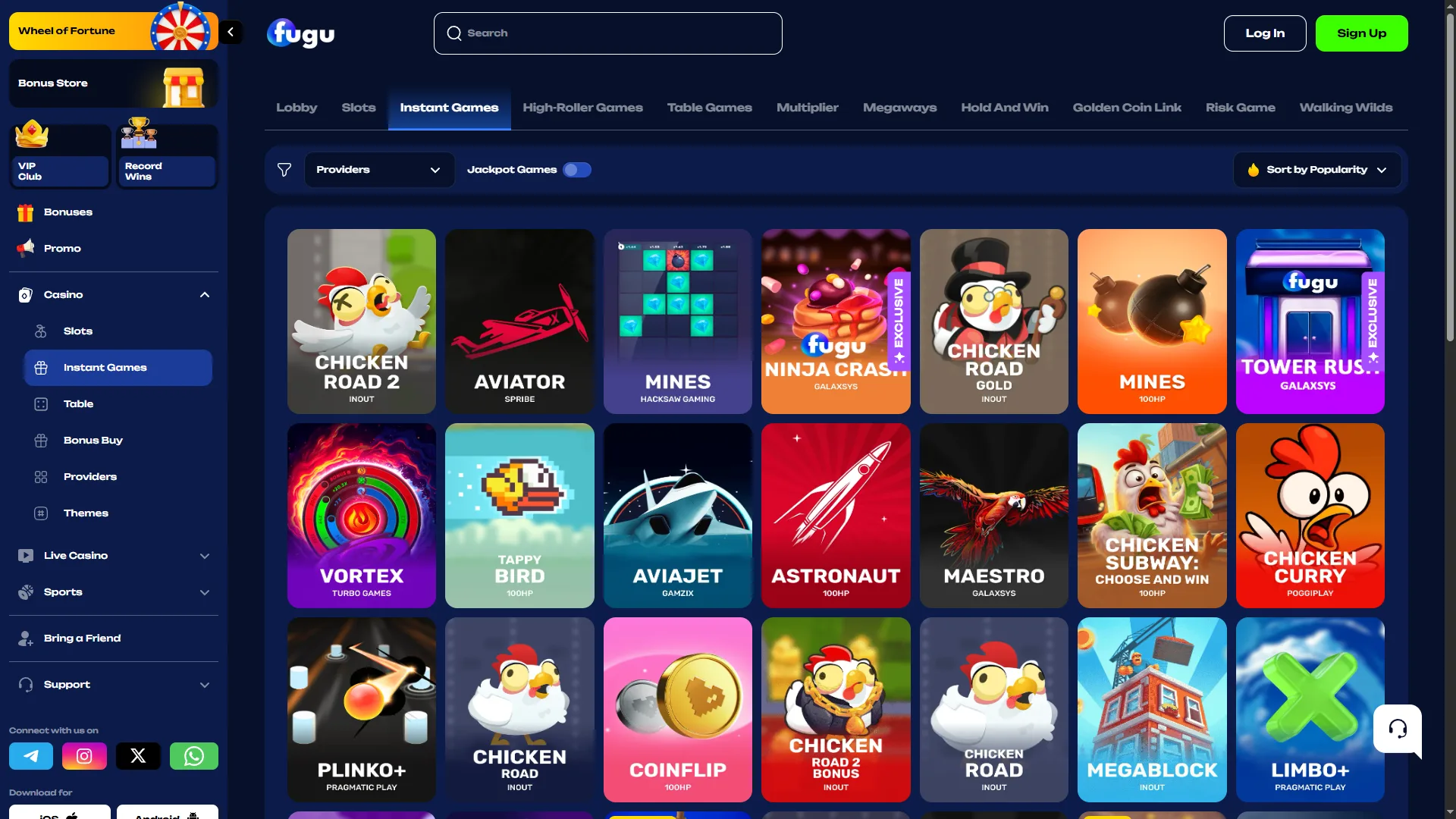 Fugu Casino Instant Games sekmesi — Aviator, Chicken Road, Mines, Plinko+ ve diğer crash/instant oyunlar