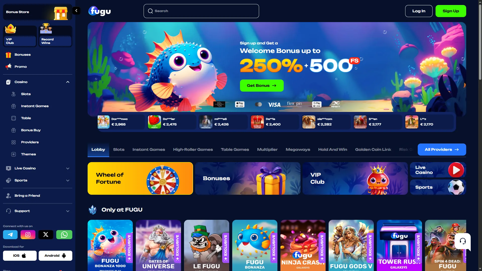 Fugu Casino ana sayfası — %250 + 500 FS hoş geldin banner'ı, ödeme yöntemi ikonları ve platforma özel oyunlar bölümü