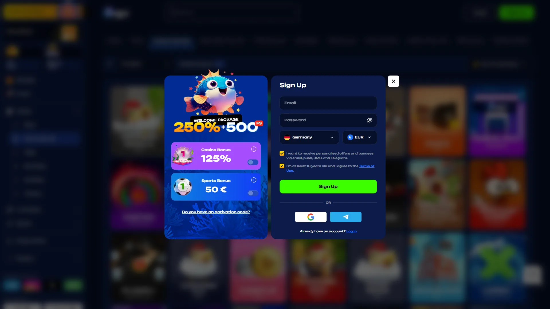 Fugu Casino kayıt ekranı — Casino Bonus %125 ile Sports Bonus 50 € arasında seçim yapılabilen toggle
