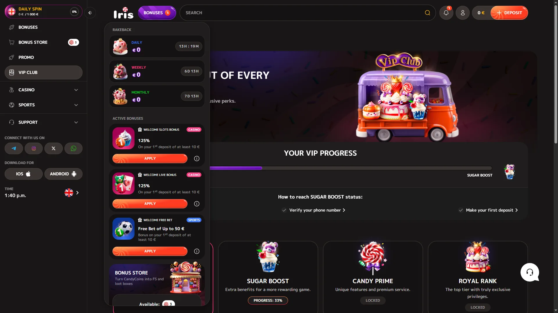 Iris Casino hesap paneli — VIP Club ilerlemesi Sugar Boost kademesine %33, aktif bonuslar Welcome Slots %125, Welcome Live %125 ve Welcome Free Bet 50 €'ya kadar