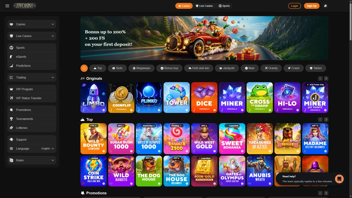 JoyCasino ana sayfa lobisi — JOY Originals anlık oyunları ve Pragmatic Play başta olmak üzere slot kataloğu