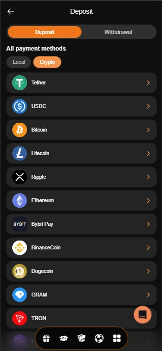 JoyCasino mobil para yatırma ekranı — Tether, USDC, Bitcoin, Litecoin, Ripple, Ethereum ve diğer kripto para seçenekleri
