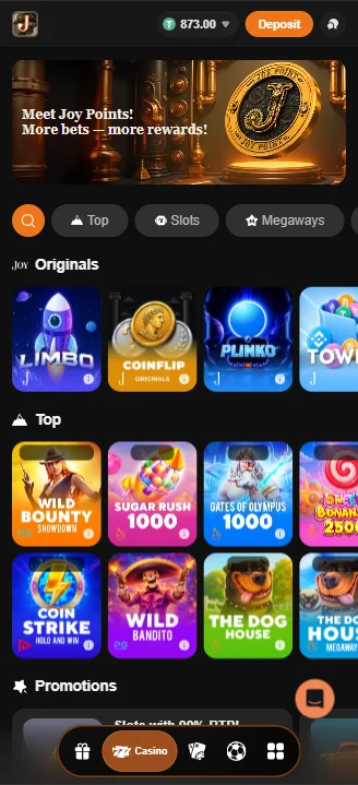 JoyCasino mobil lobi görünümü — Joy Points promosyon banner'ı ile birlikte