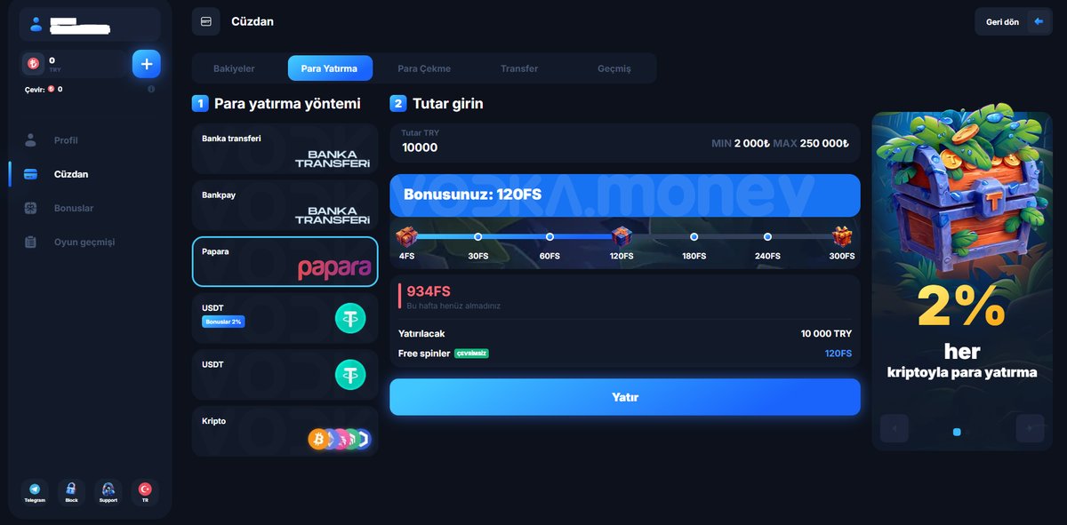 Vodka Casino kasa ekranında Papara ile para yatırma adımı