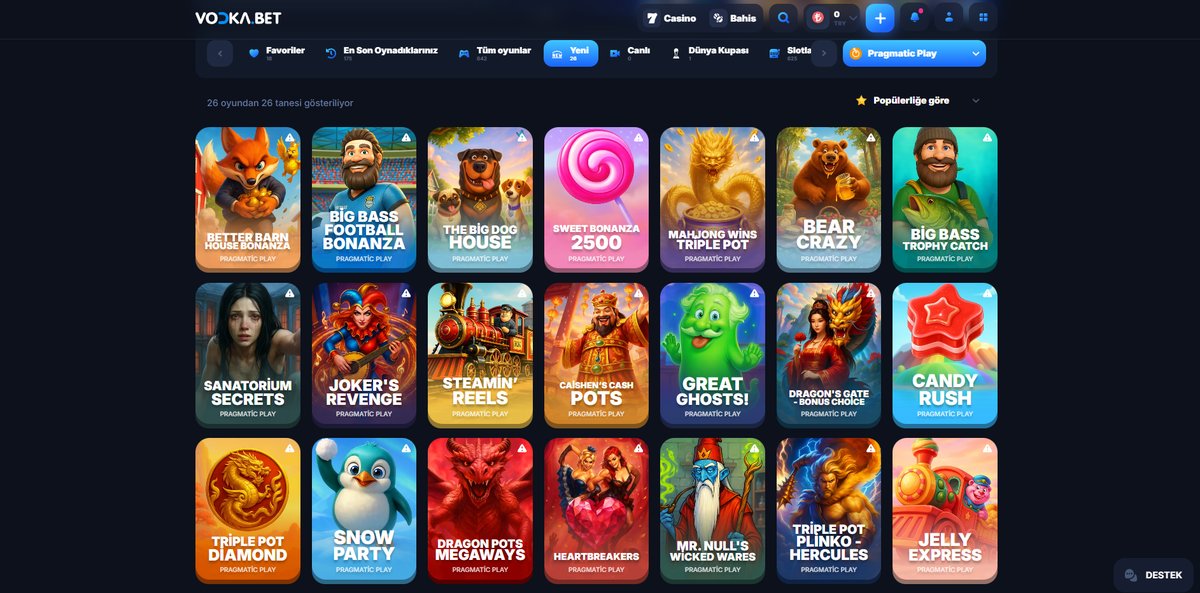 Screenshot of Pragmatic Play's new games catalog at Vodka Casino