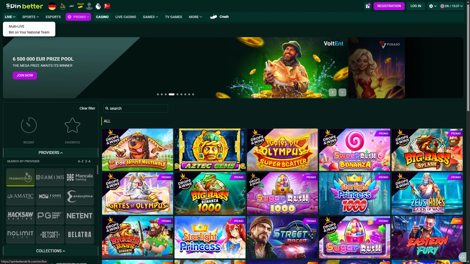 SpinBetter casino lobby showing the provider filter with Pragmatic Play, BGaming, Mancala Gaming, Amatic, 3 Oaks, Endorphina, Hacksaw Gaming, PG Soft, NetEnt, Nolimit City, Betsoft and Belatra, plus Drops and Wins slot tiles
