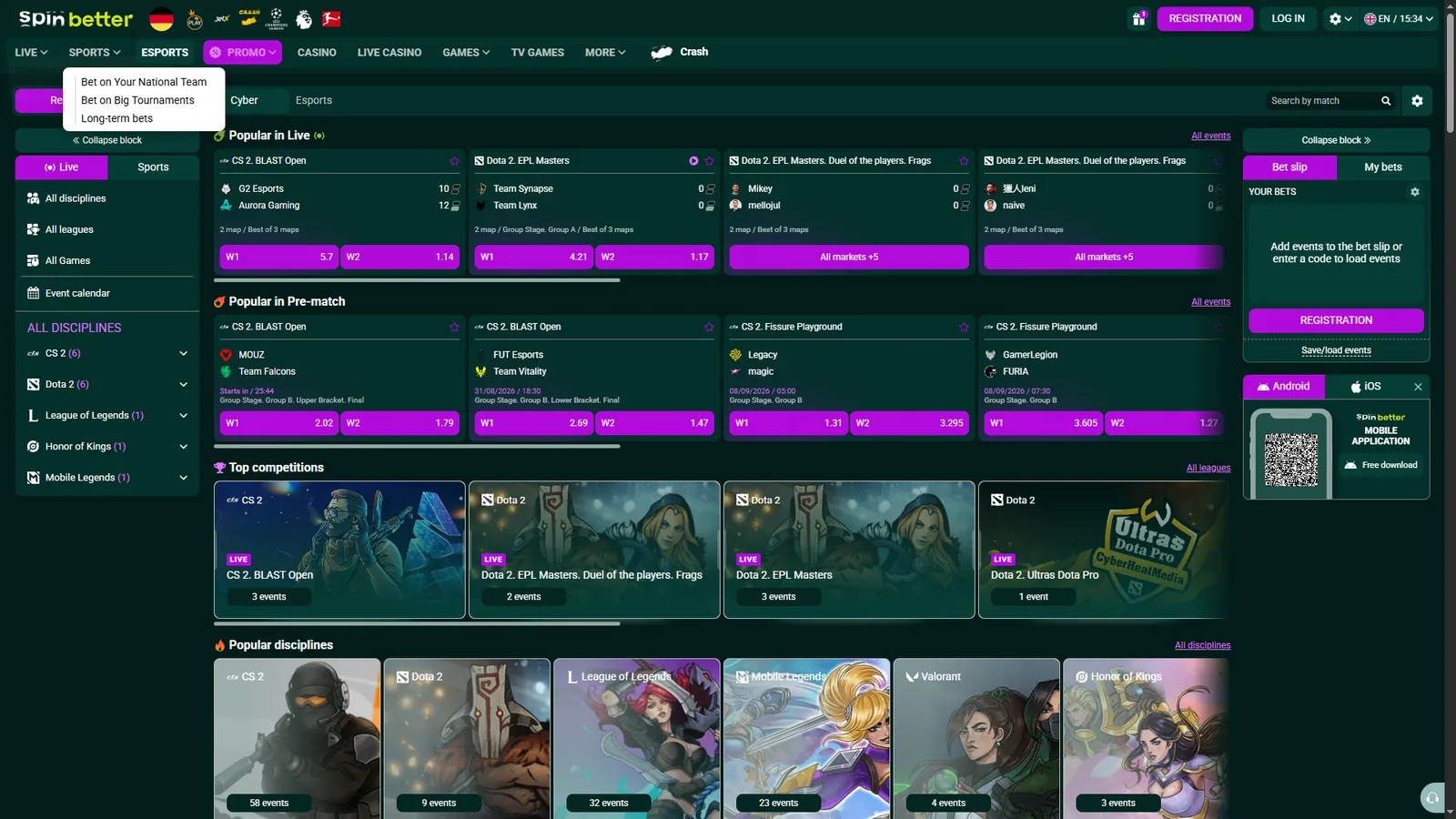 SpinBetter esports section listing CS2, Dota 2, League of Legends, Mobile Legends, Valorant and Honor of Kings with live and pre-match markets