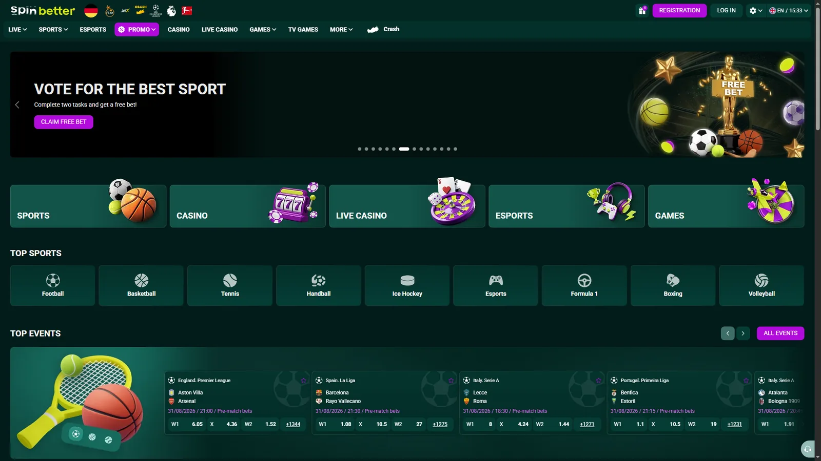 SpinBetter homepage showing sports, casino, live casino, esports and games sections with top events and odds