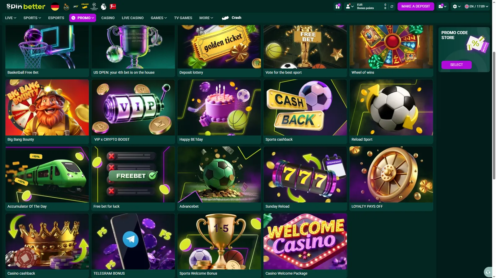 SpinBetter promotions page showing nineteen running offers including Wheel of wins, Big Bang Bounty, VIP x Crypto Boost, Happy BETday, Sports cashback, Reload Sport, Accumulator of the Day, Advancebet, Sunday Reload, Loyalty Pays Off, Casino cashback, Telegram bonus, Sports Welcome Bonus and Casino Welcome Package, with a Promo code store panel
