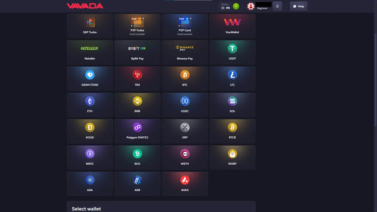 Vavada kripto para yatırma ekranı